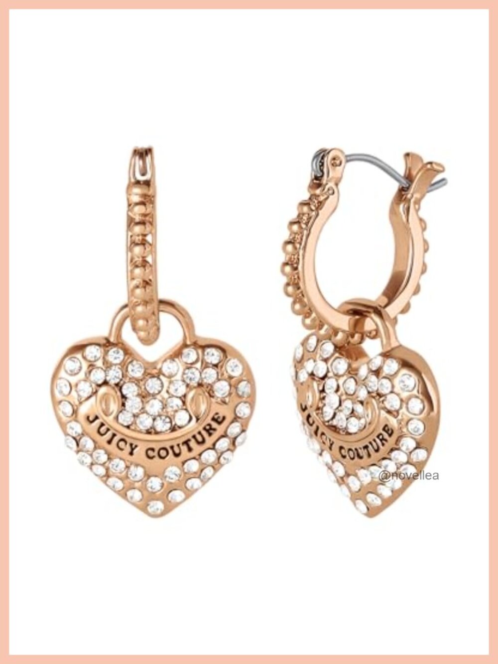 Rhinestone Heart Charm Hoop Earrings, Gold-Tone, Latch Back